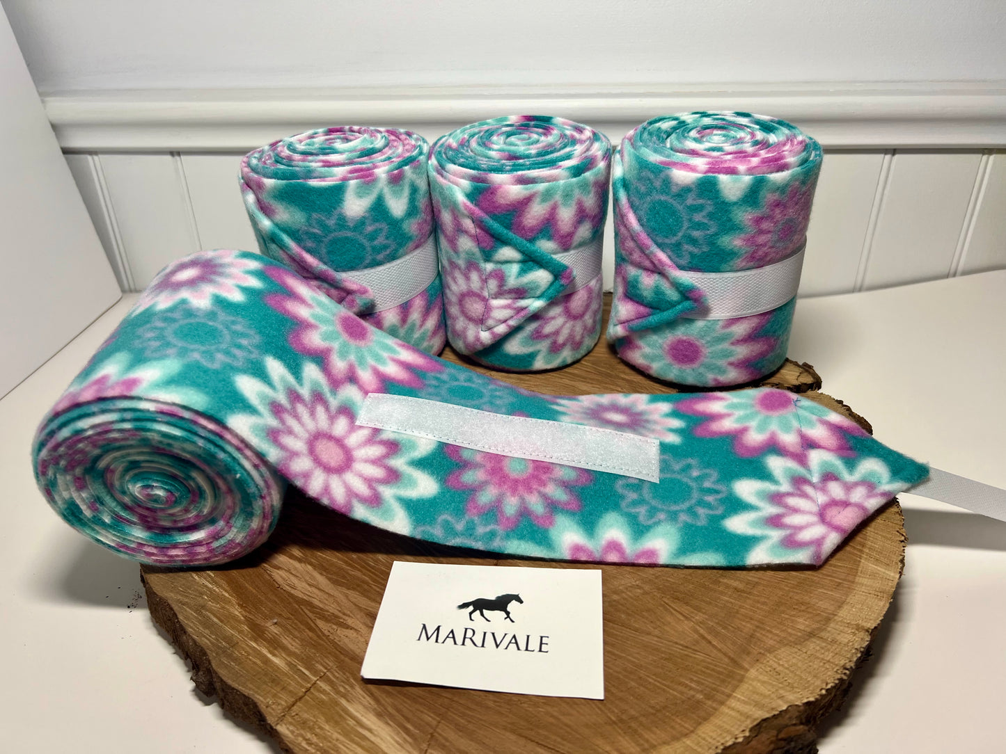 Set of 4 Horse Polo Wraps - Turquoise with Purple Flowers