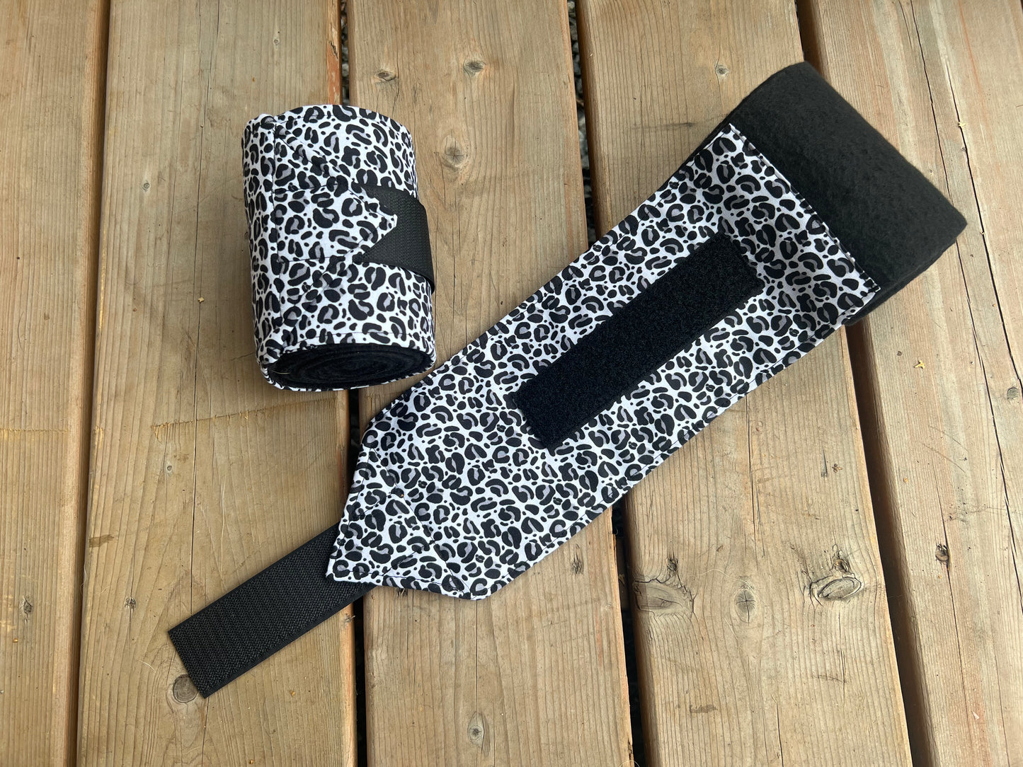 Set of 2 Horse Polo Wraps - Black with Black & White Leopard