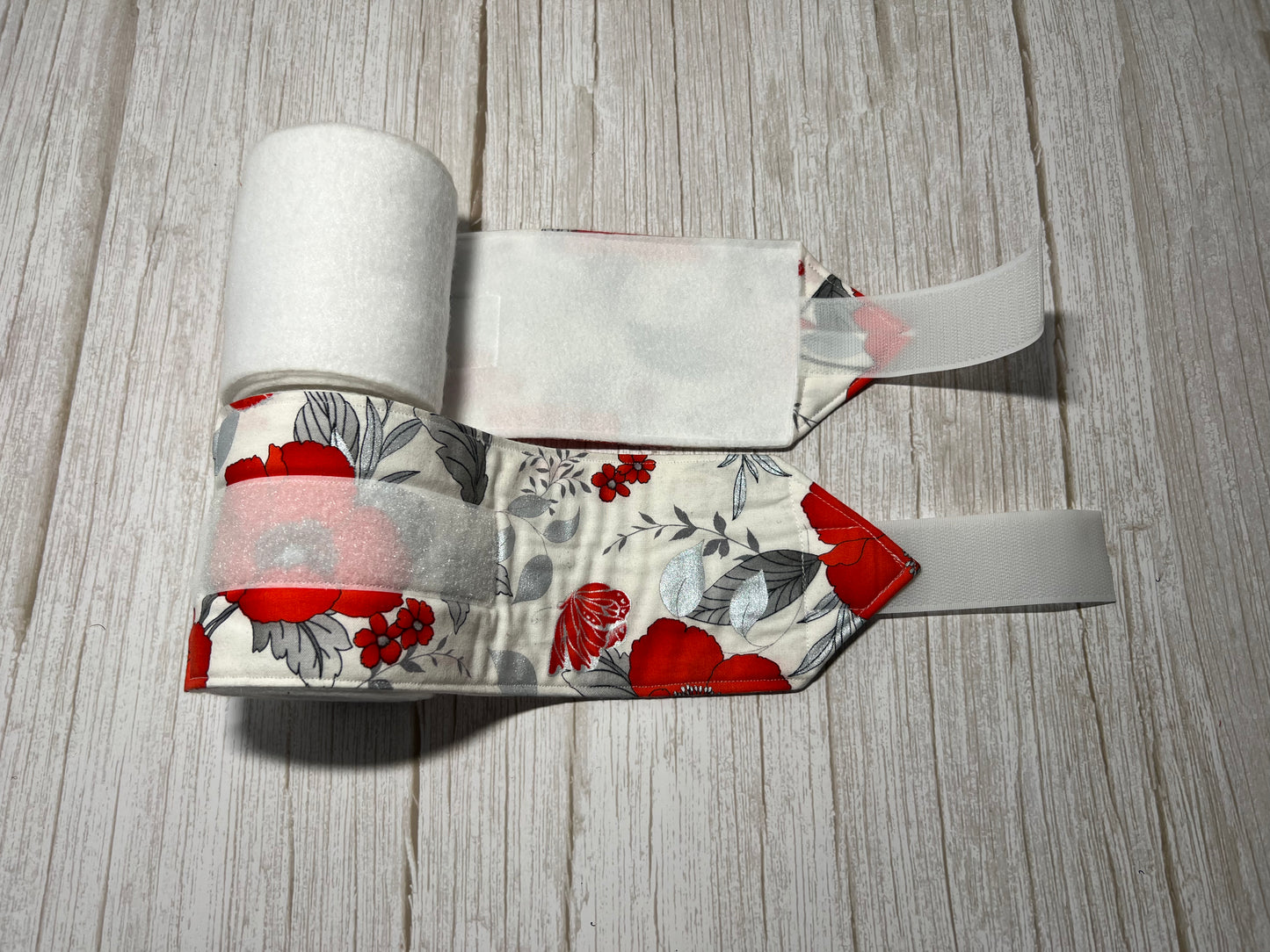 Set of 2 Horse Polo Wraps - White with Red and Silver Flowers