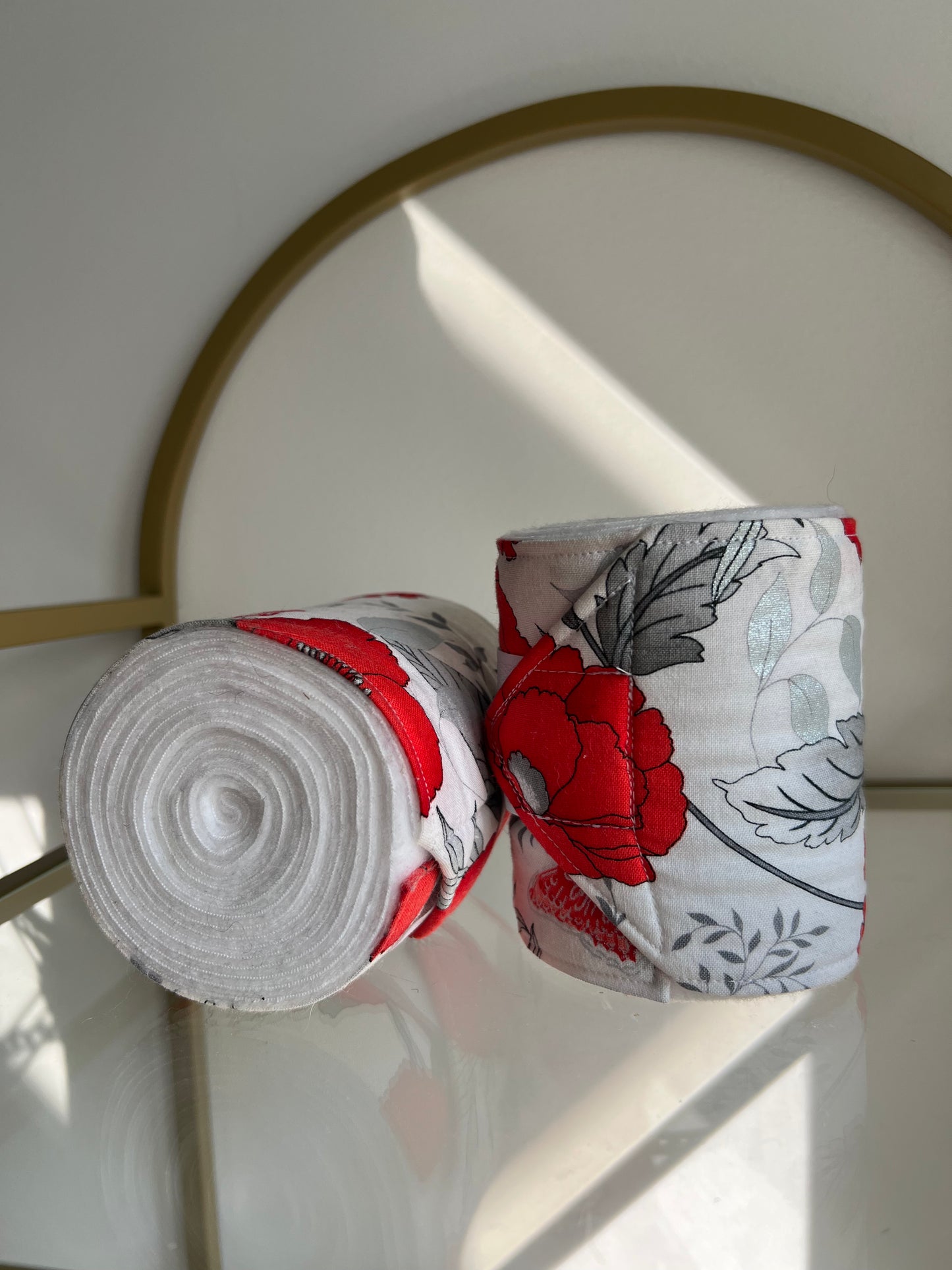 Set of 2 Horse Polo Wraps - White with Red and Silver Flowers