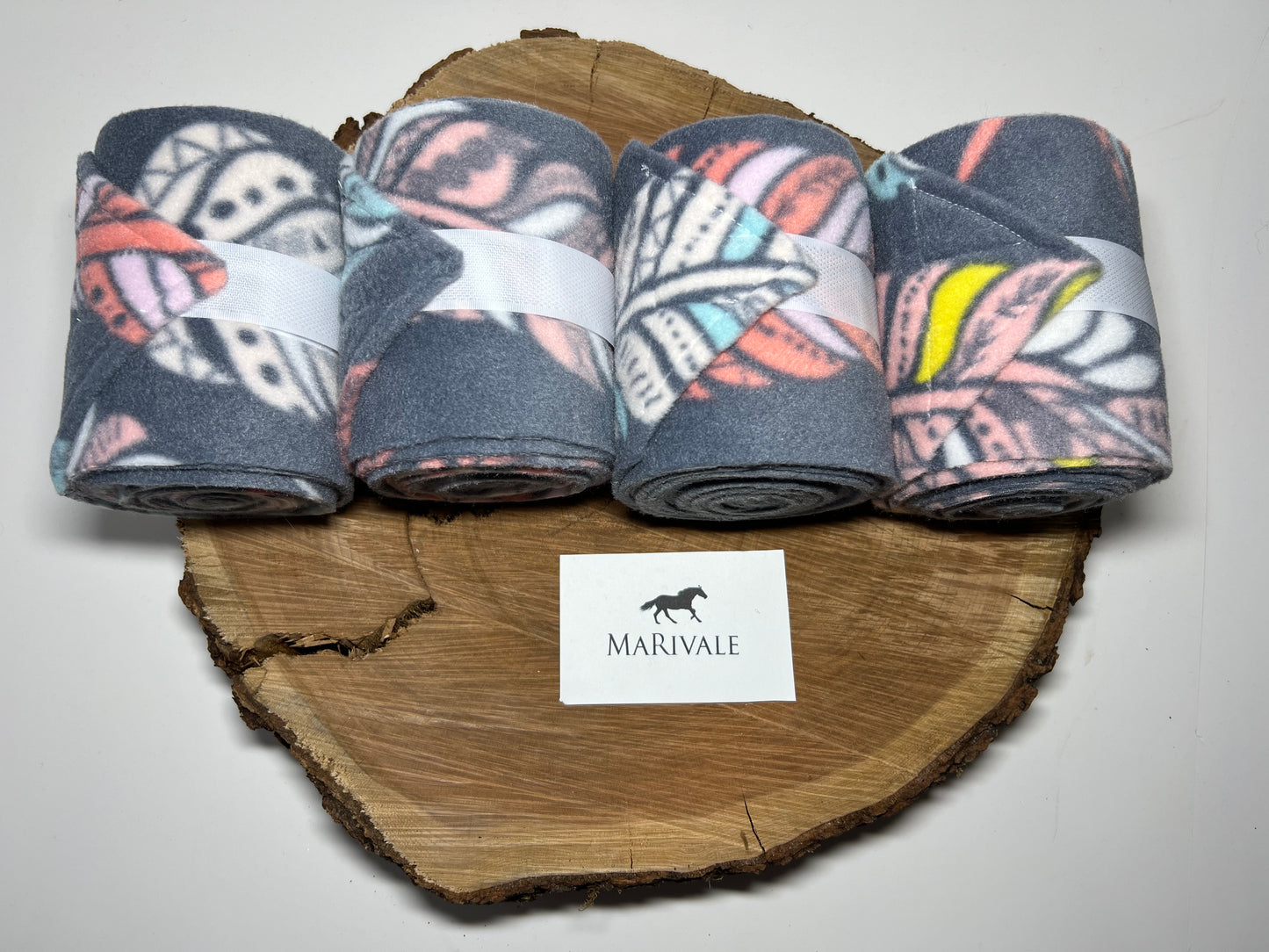 Set of 4 Horse Polo Wraps - Grey with Feathers