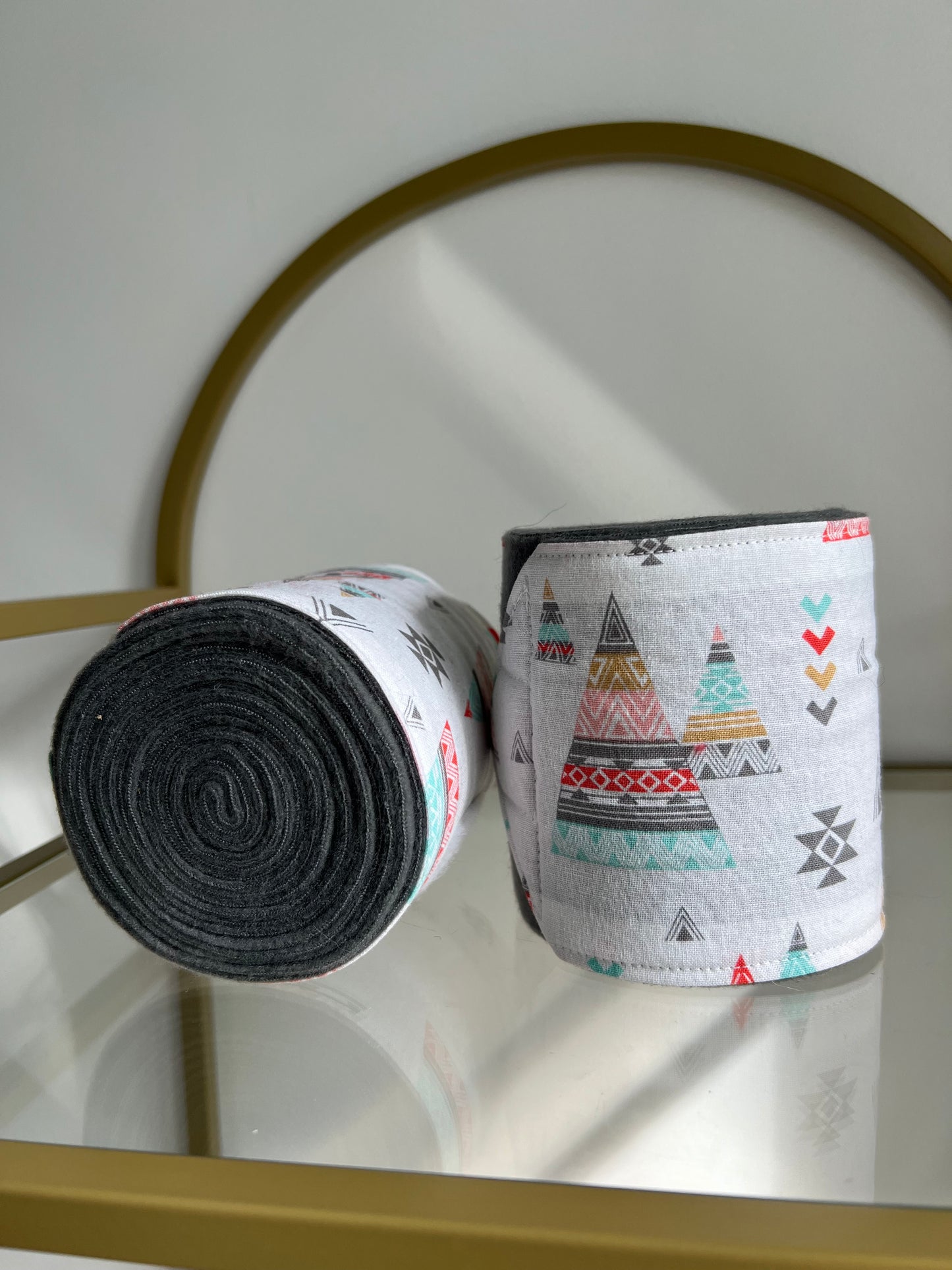 Set of 2 Horse Polo Wraps - Grey with White Aztec Design