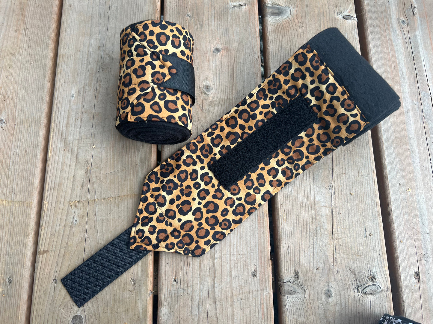 Set of 2 Horse Polo Wraps - Black with Leopard