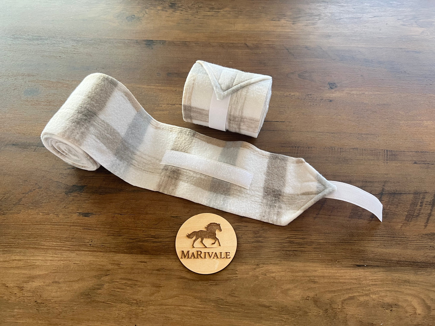 Set of 2 Horse Polo Wraps - White & Light Blue & Beige Plaid