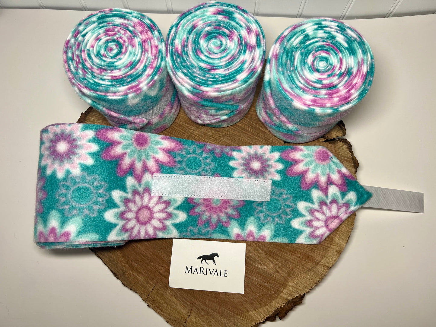 Set of 4 Horse Polo Wraps - Turquoise with Purple Flowers