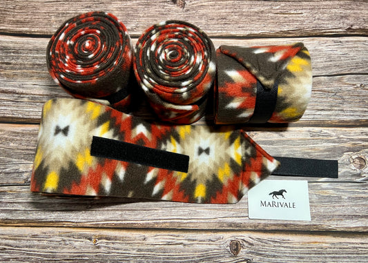 Set of 4 Horse Polo Wraps - Brown Red Aztec