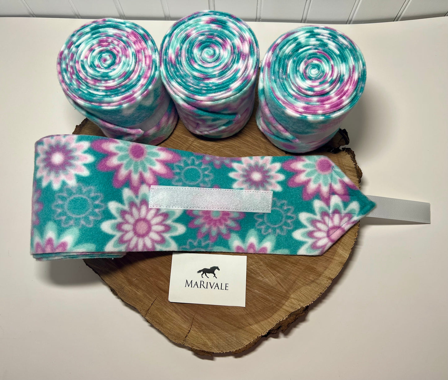 Set of 4 Horse Polo Wraps - Turquoise with Purple Flowers