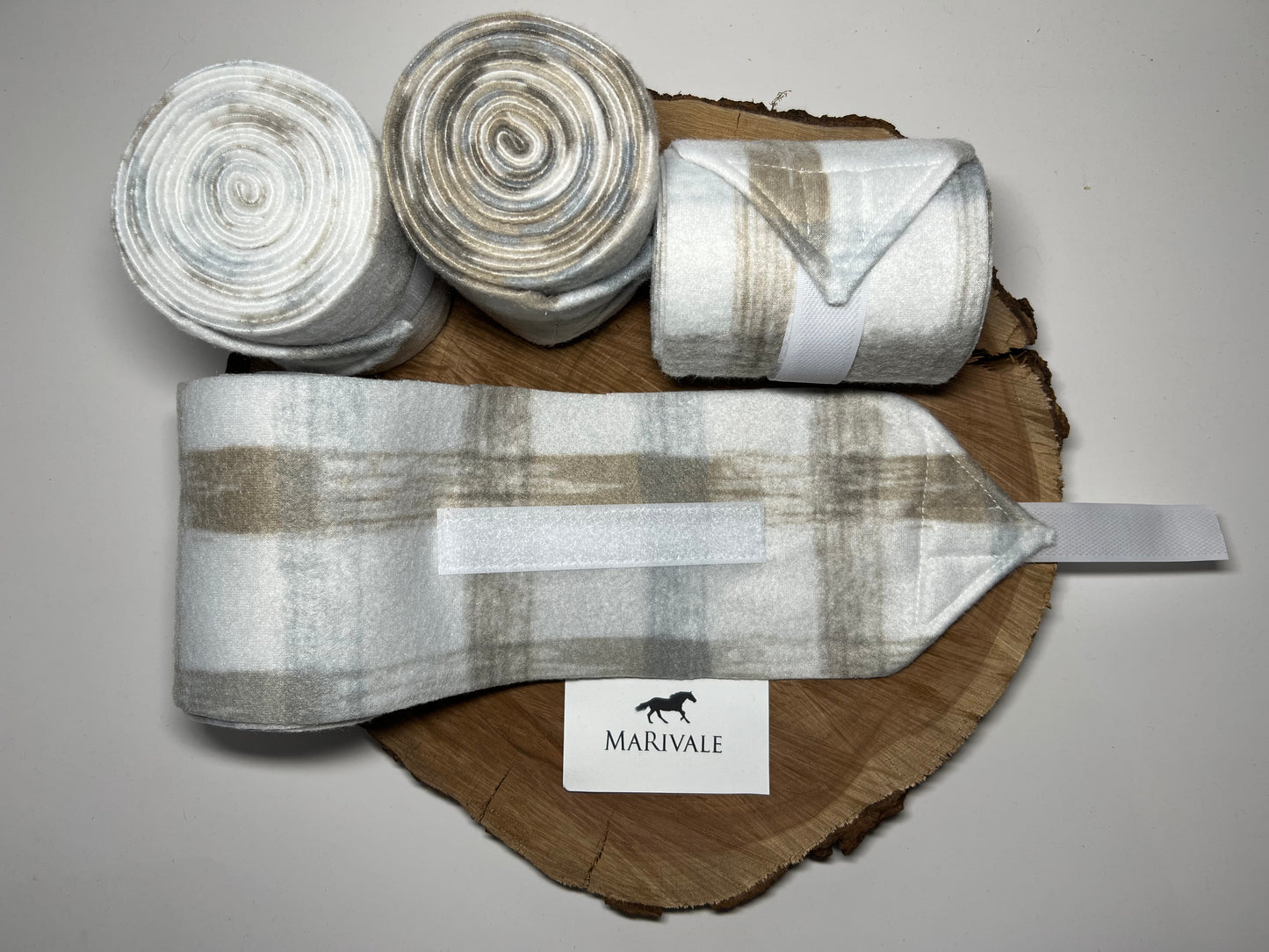 Set of 4 Horse Polo Wraps - White & Light Blue & Beige Plaid