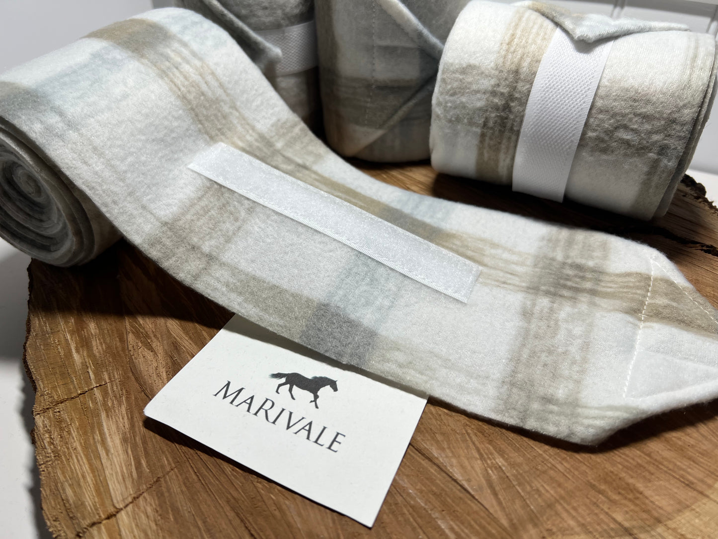 Set of 4 Horse Polo Wraps - White & Light Blue & Beige Plaid