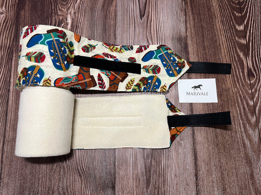 Set of 2 Horse Polo Wraps - Cream with Western Boots