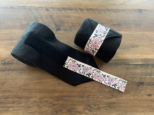 Set of 2 Horse Polo Wraps - Black with Flowers Ribbon
