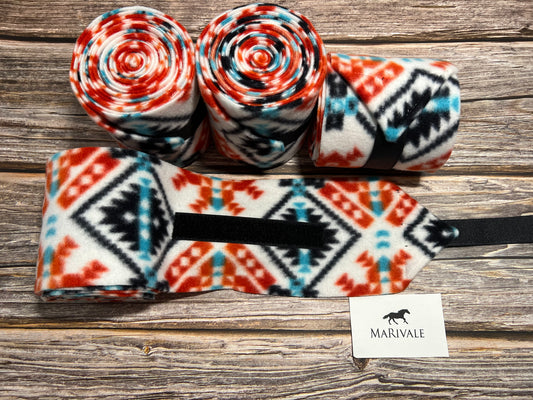 Set of 4 Horse Polo Wraps - White Black Red Orange Aztec
