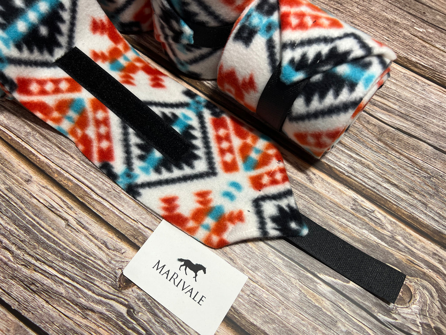 Set of 4 Horse Polo Wraps - White Black Red Orange Aztec