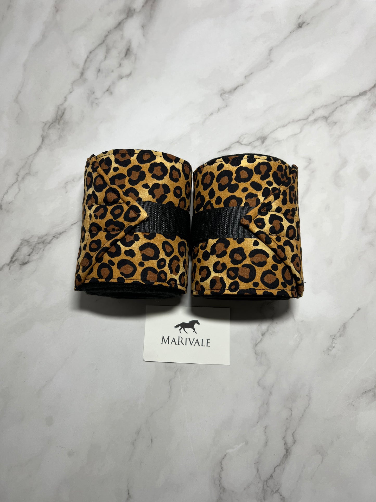 Set of 2 Horse Polo Wraps - Black with Leopard