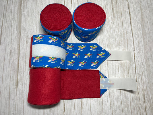 Set of 4 Horse Polo Wraps - Rasberry Pink with Wonder Woman