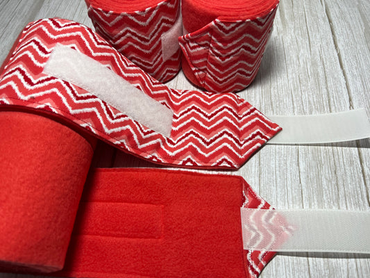 Set of 4 Horse Polo Wraps - Red with Chevron Design