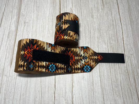 Set of 2 Horse Polo Wraps - Brown with Aztec Design