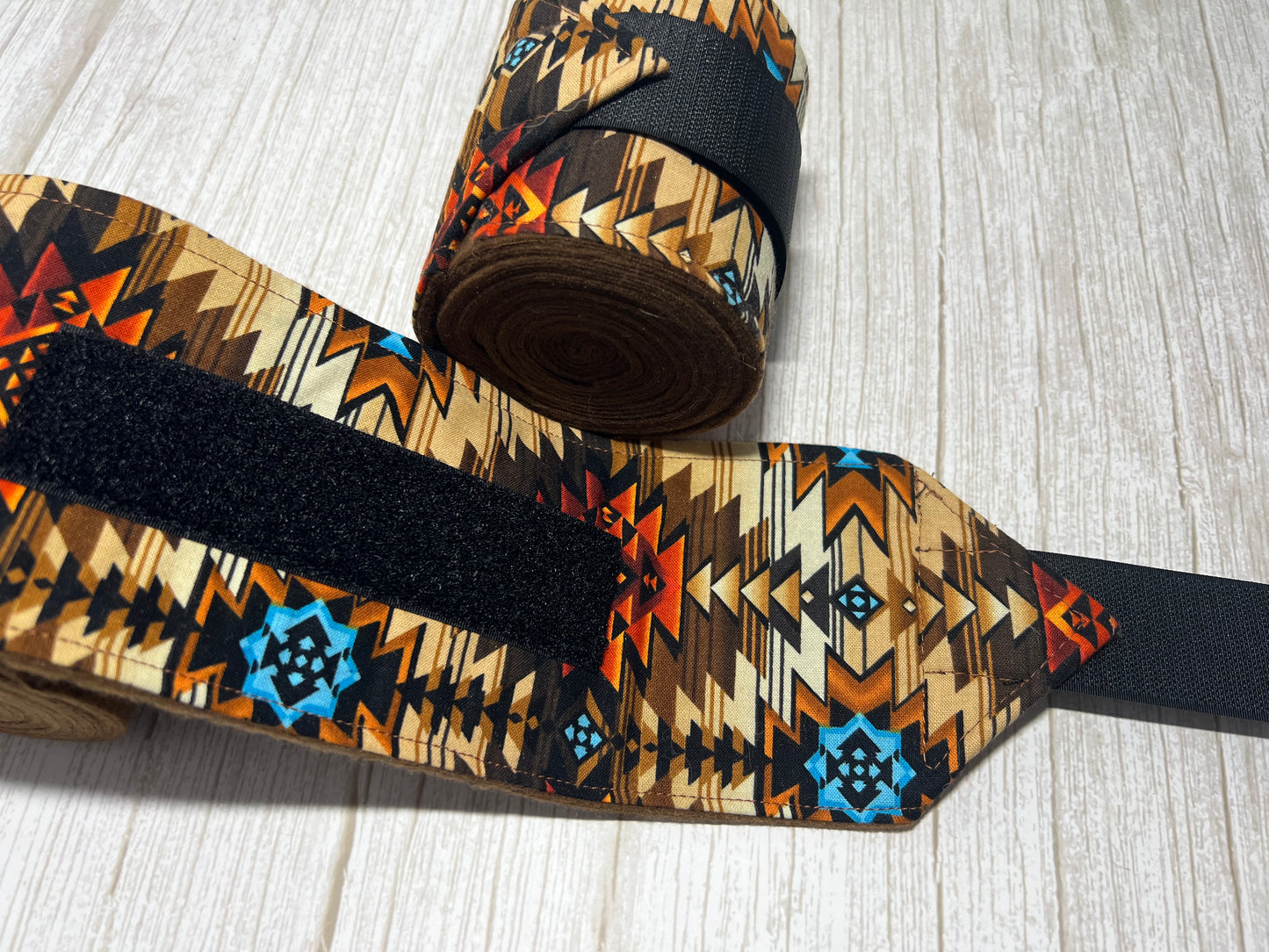 Set of 2 Horse Polo Wraps - Brown with Aztec Design