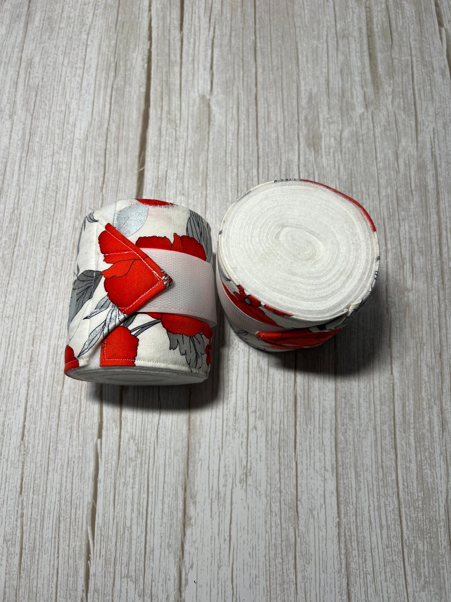 Set of 2 Horse Polo Wraps - White with Red and Silver Flowers