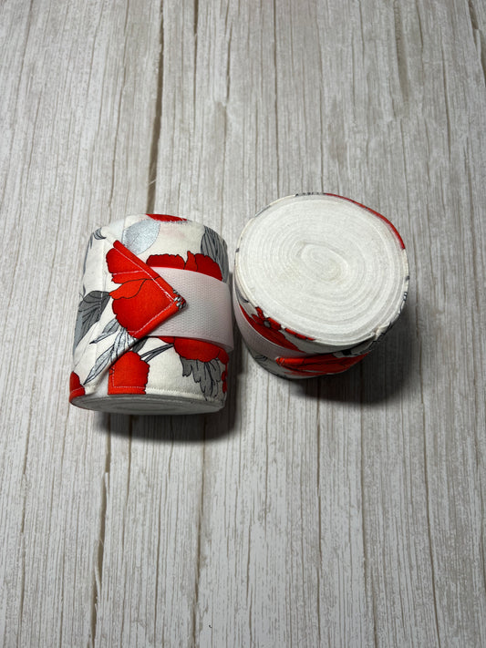 Set of 2 Horse Polo Wraps - White with Red and Silver Flowers
