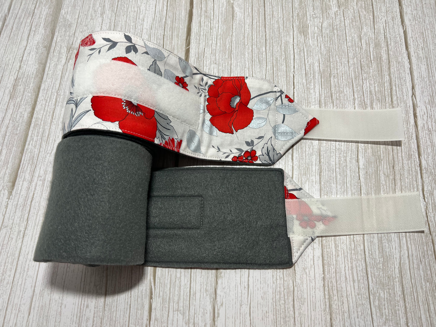 Set of 2 Horse Polo Wraps - Grey with Red and Silver Flowers