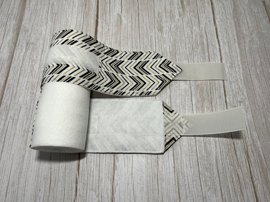 Set of 2 Horse Polo Wraps - White with Black Gold Design