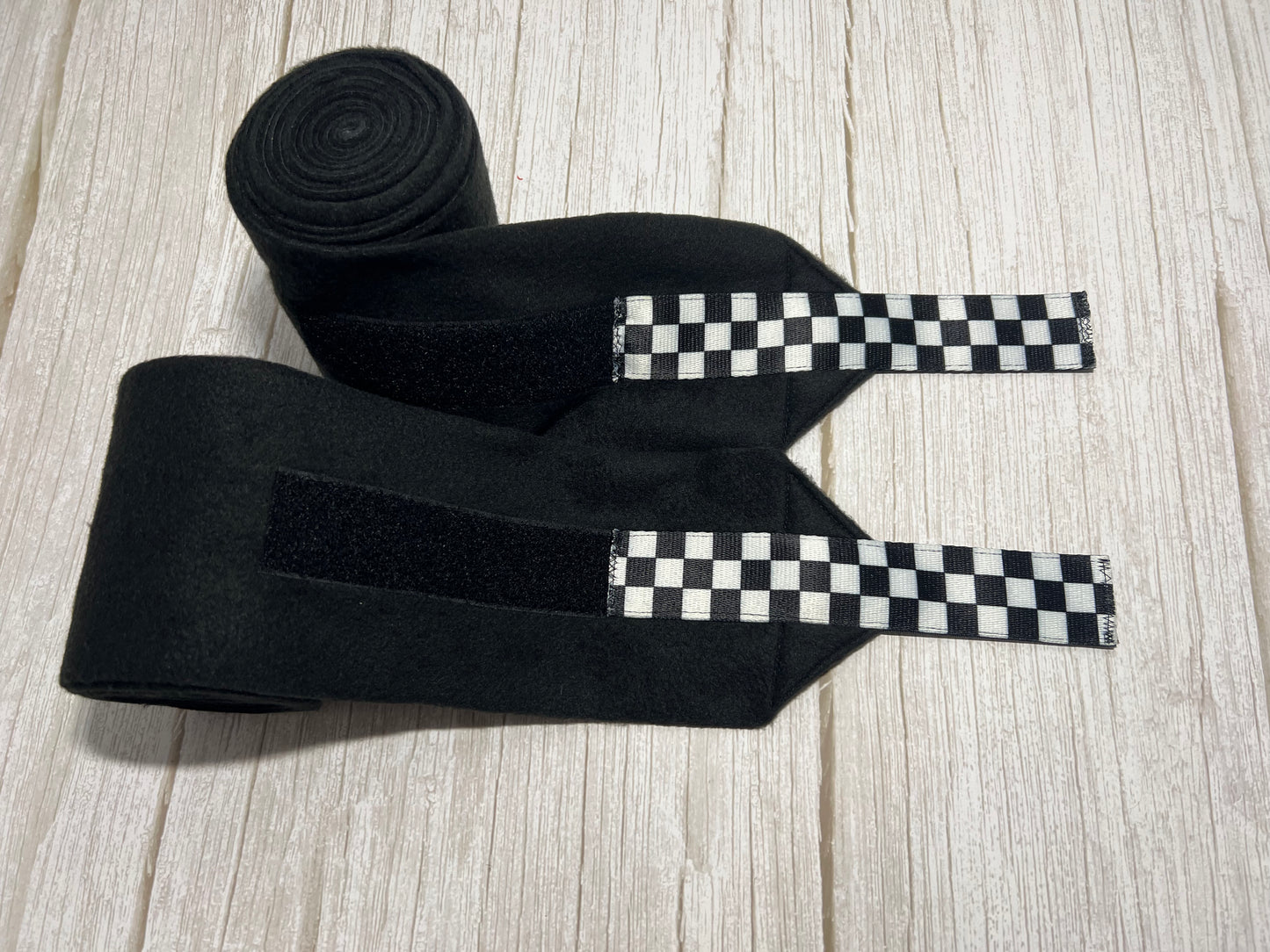 Set of 2 Horse Polo Wraps - Black with Checkerboard Ribbon