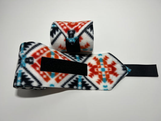 Set of 2 Horse Polo Wraps - White Black Red Orange Aztec