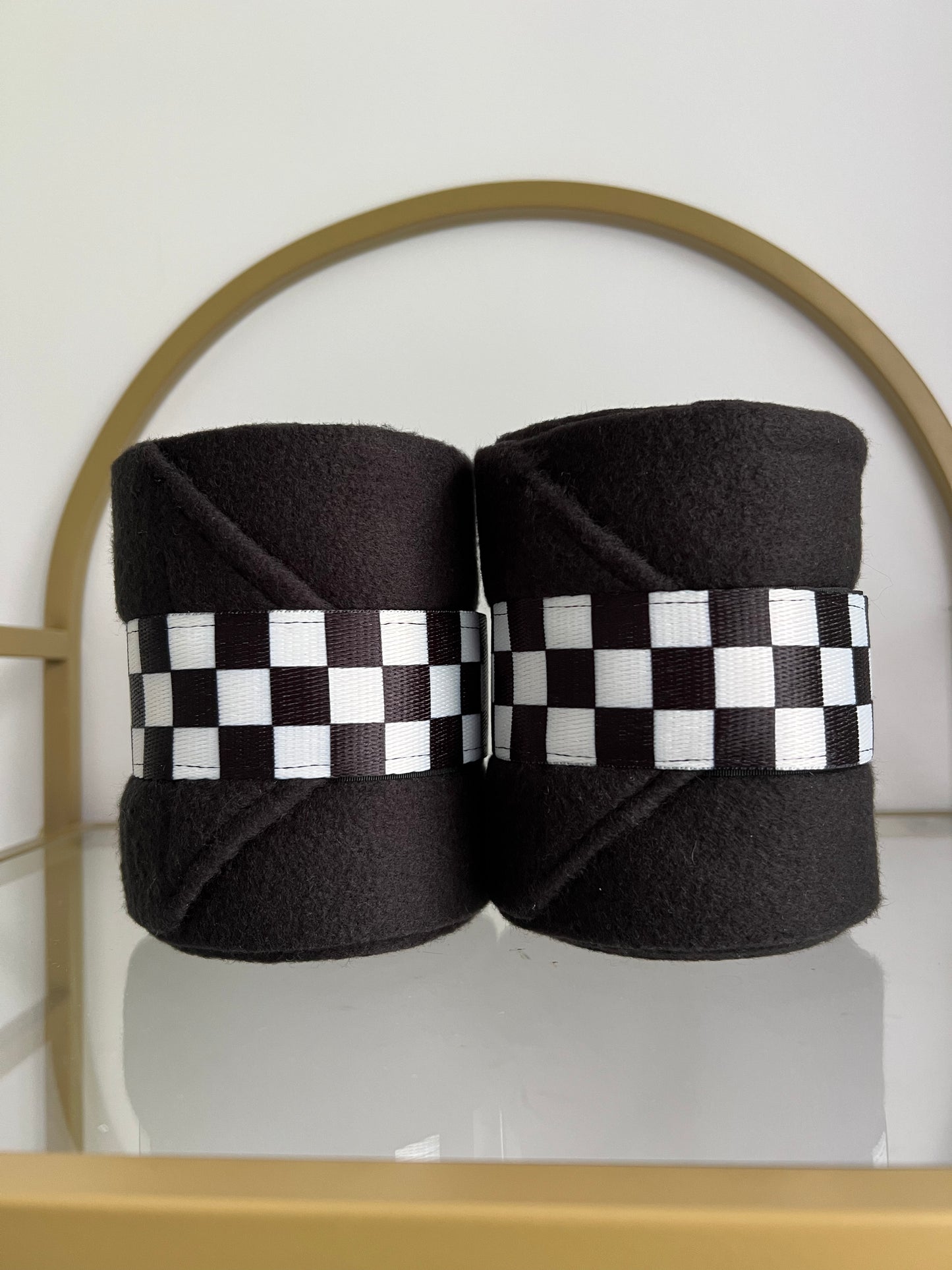 Set of 2 Horse Polo Wraps - Black with Checkerboard Ribbon