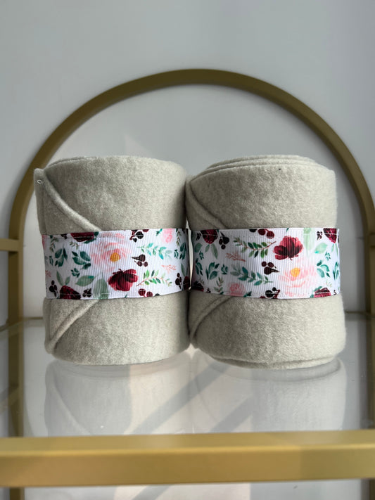 Set of 2 Horse Polo Wraps - Sage Green with Flowers Ribbon