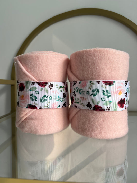 Set of 2 Horse Polo Wraps - Soft Pink with Flowers Ribbon