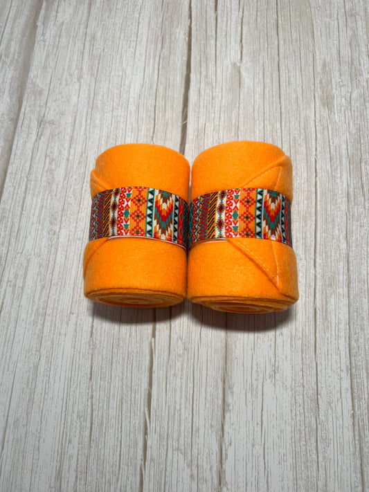 Set of 2 Horse Polo Wraps - Bright Orange with Aztec Ribbon
