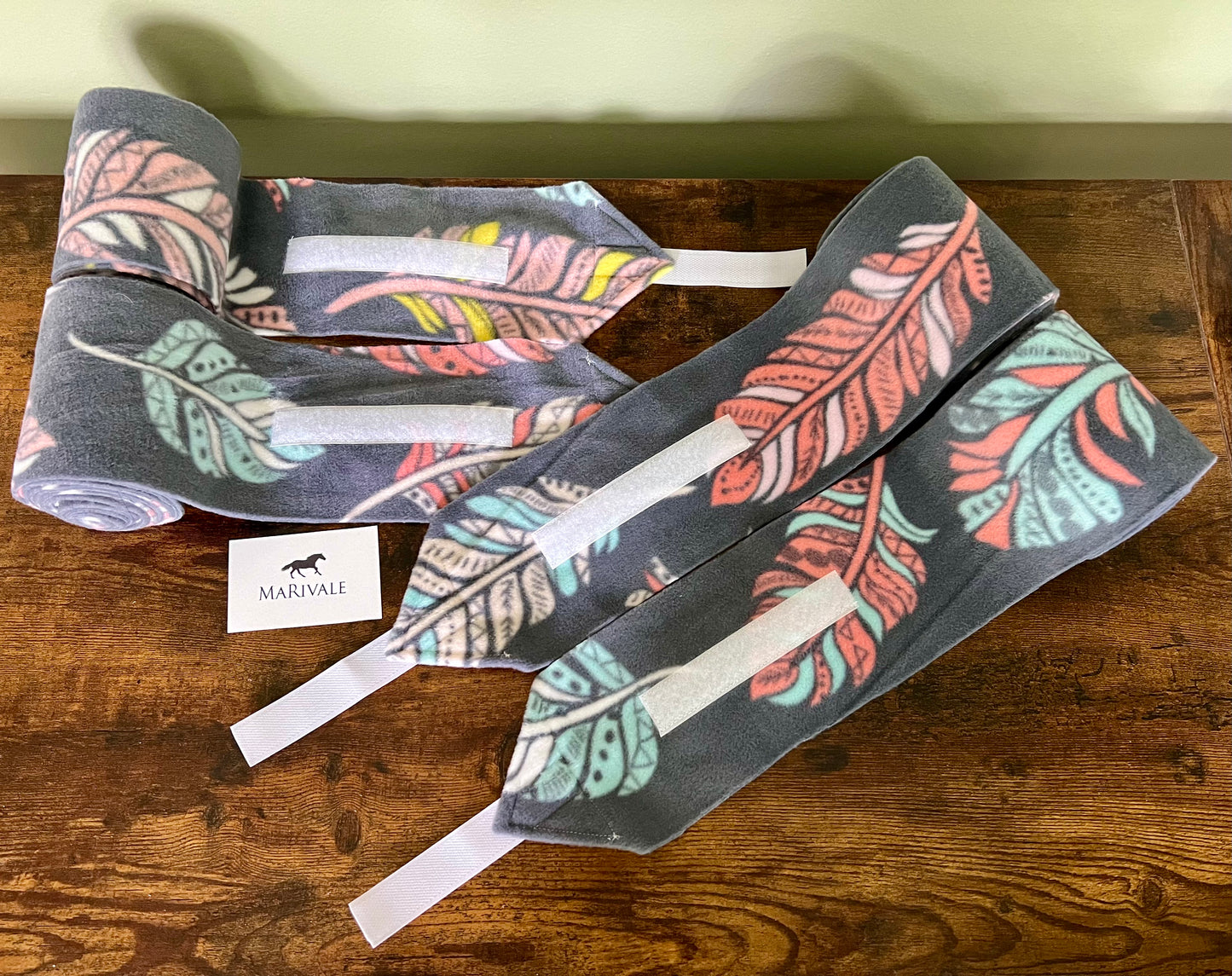 Set of 4 Horse Polo Wraps - Grey with Feathers