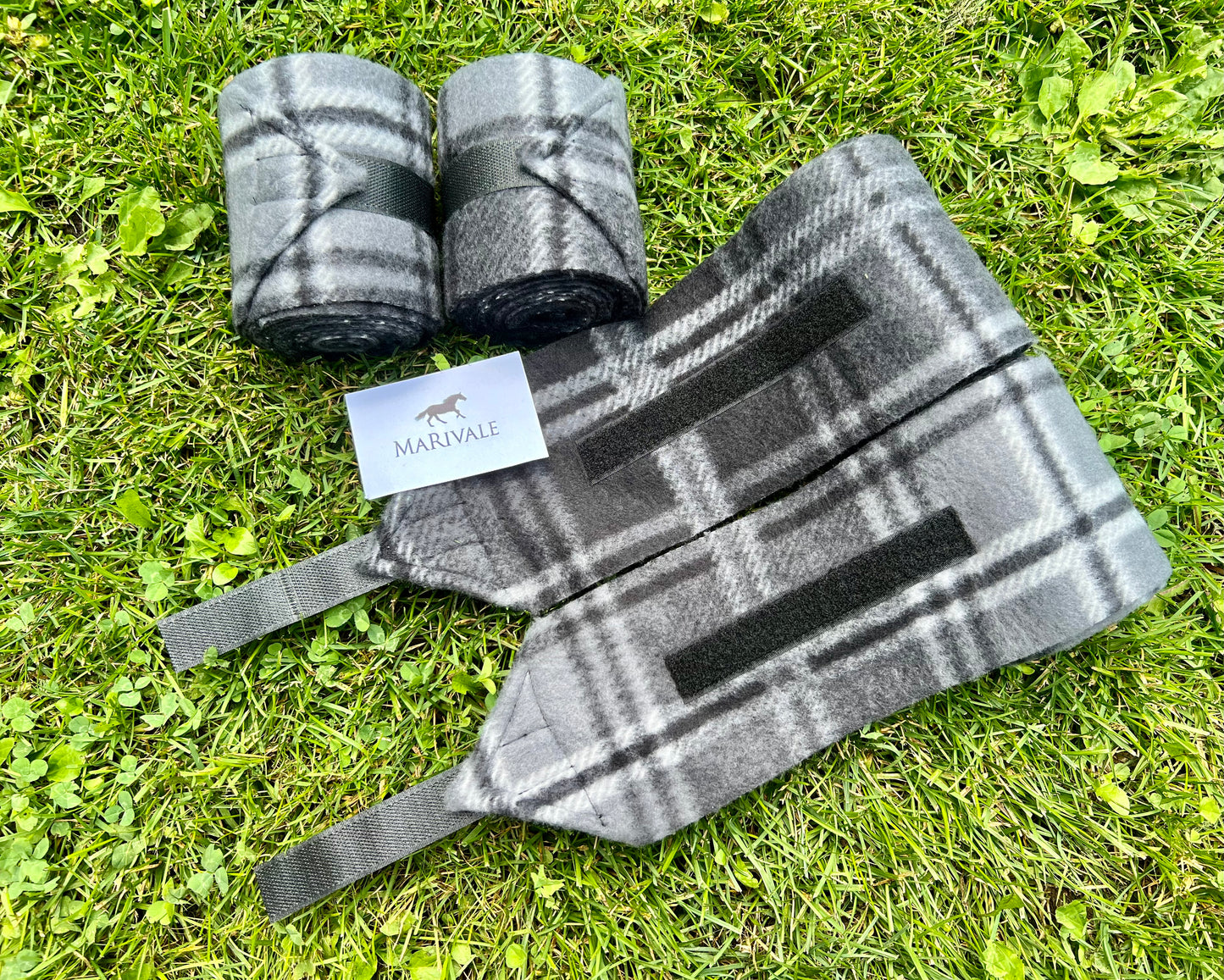Set of 4 Horse Polo Wraps - Black Grey Plaid